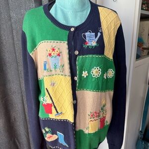 Alfred Dunner Garden Patchwork Cardigan Sweater Embroidered Cottagecore – SZ XL